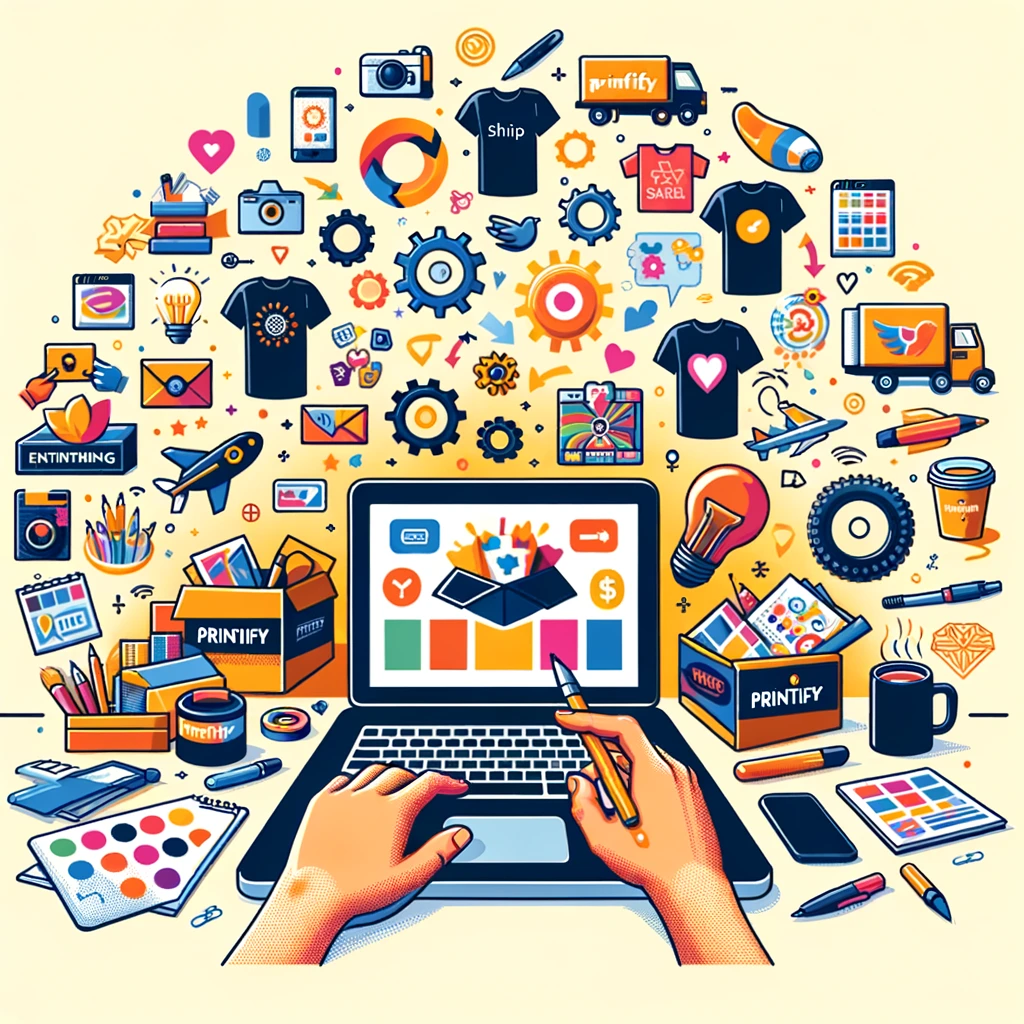 DALL·E 2024-02-28 20.44.10 – Create an image that visually represents Printify, a platform that enables the creation and sale of a wide range of custom products, from t-shirts to