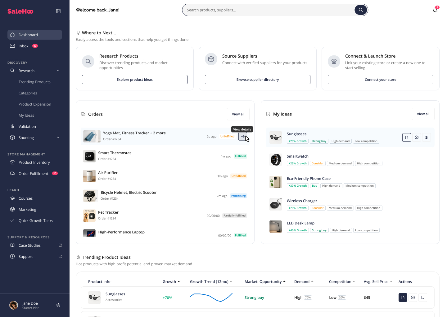 Dashboard de SaleHoo para encontrar proveedores y productos de dropshipping