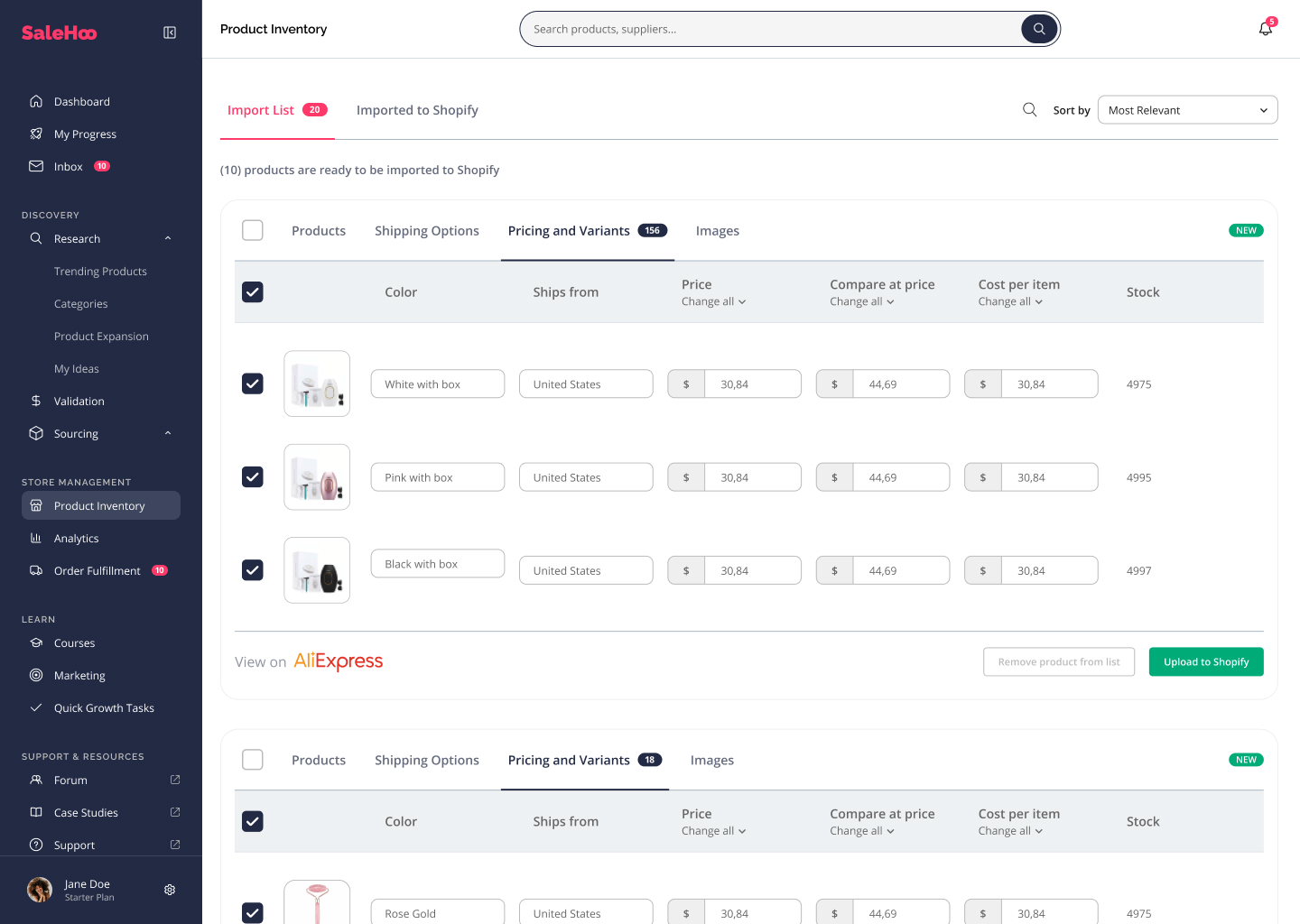 Inventario de productos dentro de SaleHoo